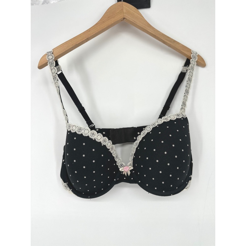 Victoria Secret Lined Demi Bra 36C Black Polka Dot Lace Bow Lingerie Pinup Retro